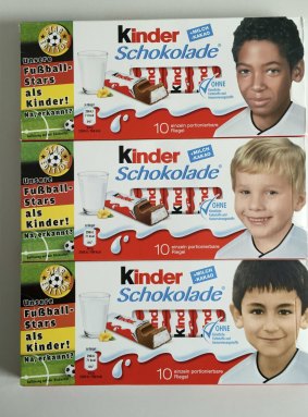 Packages of Kinder with childhood pictures of German national soccer players, from top, Jerome Boateng, Lukas Podolski and Ilkay Gundogan.