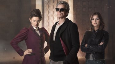 Michelle Gomez as Missy, Peter Capaldi as The Doctor and Jenna Coleman as Clara