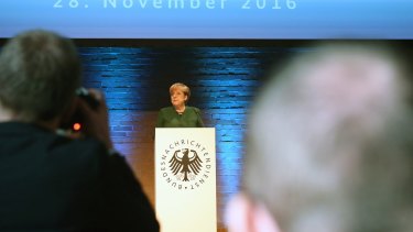 German Chancellor Angela Merkel attends the 60th anniversary of the BND, the German Federal Intelligence Service.
