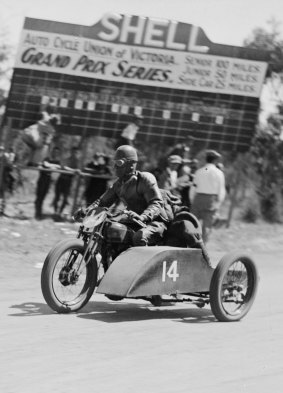 A different motorcycle and sidecar racing at Phillip Island, circa 1925-1940.
