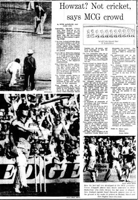 Front page of The Age, February 2, 1981. 'Howzat? Not cricket, says MCG crowd'.