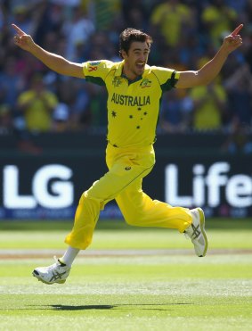 Mitchell Starc celebrates a wicket in the World Cup final.