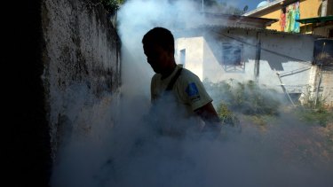 A municipality worker fumigates for mosquitoes in Caracas, Venezuela.