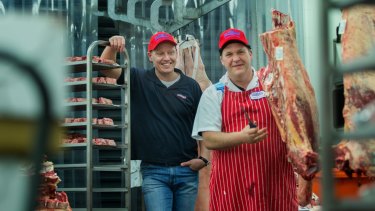 Tasman Meats' Matt Swindells (left) with Wez Clarke. Swindells says moves by the major supermarkets to rationalise meat operations have been a gift to independent butchers. 