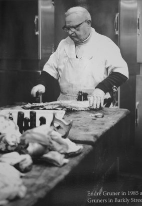 Hard worker: Hungarian Jewish immigrant Endre Gruner pictured in his Barkly Street, St Kilda butchery in 1985.