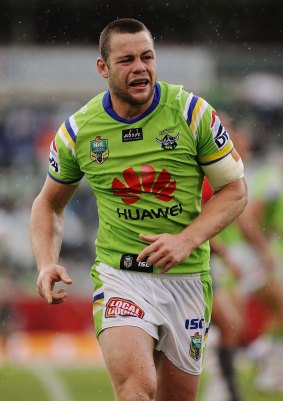 Shaun Fensom comes off injured during the round six NRL match between the Canberra Raiders and the Melbourne Storm.