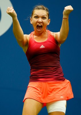 Simona Halep celebrates her US quarter final win over Victoria Azarenka. 