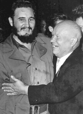 Cuban Prime Minister Fidel Castro (left) is embraced by Soviet Premier Nikita Khrushchev in the United Nations General Assembly in September 1960.