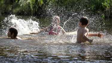 Siblings Oscar, 7, Sophie, 11 and Harry, 9,  enjoying a swim at the Pound Bend Reserve in Warrandyte.