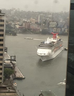 The Carnival Spirit preparing to dock at Circular Quay on Wednesday morning.