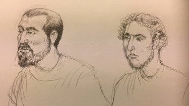 A artist's sketch of Hamza Abbas, on left, and Ahmed Mohamed facing the Melbourne Magistrates Court.