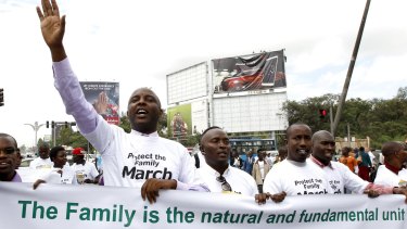 Kenyan legislator Irungu Kang'ata Kiharu leads a march as they chant anti-gay slogans in Kenya's capital Nairobi.
