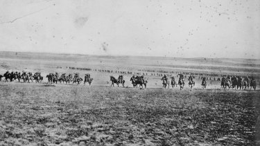 This photograph has been described as being of the charge of the 4th Light Horse Brigade at Beersheba on the 31st October 1917, but is now believed to have been taken by photographer Frank Hurley in February 1918. 