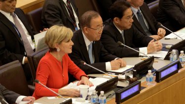 Minister for Foreign Affairs Julie Bishop speaks during the Friends of the Comprehensive Test Ban Treaty meeting with UN Secretary General Ban Ki-moon and Japanese Foreign Minister Fumio Kishida.