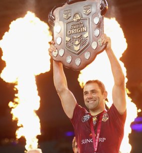 Cameron Smith of the Maroons celebrates with the trophy after game three of the 2016 State Of Origin in Sydney.
