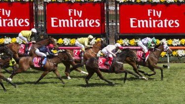 Michelle Payne riding Prince of Penzance wins the 2015 Melbourne Cup.