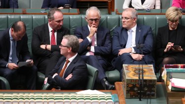 Waiting game: Prime Minister Malcolm Turnbull with frontbenchers Josh Frydenberg, Barnaby Joyce, Christopher Pyne, Scott Morrison and Julie Bishop in the House of Representatives on Friday.