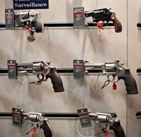 Revolvers sit on display in the Smith & Wesson booth on the exhibition floor of the NRA convention.