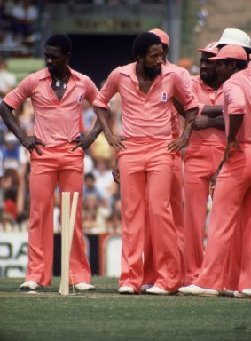 The West Indies in action during a World Series Cricket Supertest against Australia in 1979. 