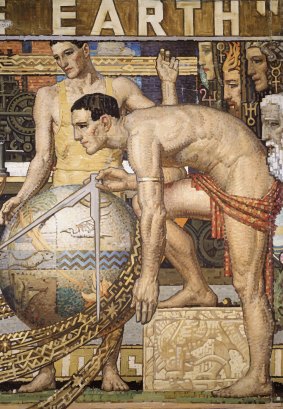 Detail from the 1933 mosaic <I>I'll put a girdle round about the Earth</I>.
             
 
 
 
 From: Kitty Walker  [mailto:Kitty.Walker@ngv.vic.gov.au] 
Sent: Tuesday, 20 May 2008 4:18  PM
To: Jeffrey GLORFELD
Subject: 2nd Waller  Mosaic

 
 
caption: 
  
 
Napier Waller 
Australia 1893???1972 
???I???ll put a girdle round the earth???  Cartoon for Newspaper House mosaic 1933 
National Gallery of  Australia, Canberra 
&copy; Courtesy of the artist  estate