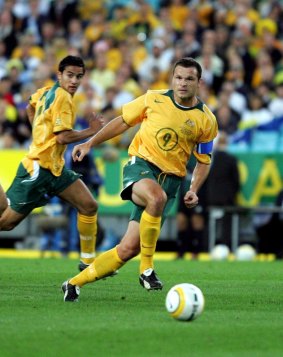Socceroos great Mark Viduka in 2005, playing in the match that saw the Socceroos qualify for the World Cup.
