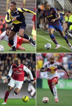 Awesome foursome: [Clockwise from top left] Thierry Henry with his four clubs Monaco, Barcelona, New York Red Bulls and Arsenal.