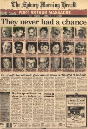 <i>The Sydney Morning Herald's</i> front page for May 1, 1996. At Port Arthur, Martin Bryant had killed more than 30 people and continued to fire at police but snipers were not authorised to take him out.

  