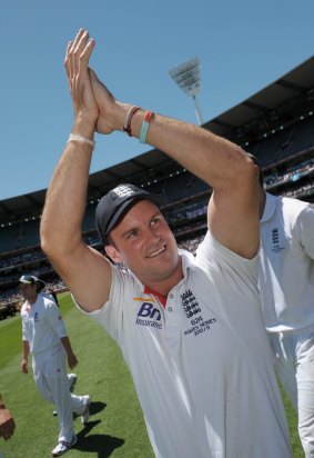 Andrew Strauss celebrates retaining the Ashes in Australia in 2010.