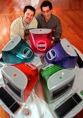 Jony Ive, left, with Apple's then senior vice-president of engineering, Jon Rubinstein, with iMac personal computers in 1999.