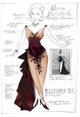 A sketch for the "Joan Fontaine" dress for Queen Elizabeth in <i>Richard 3</i>.