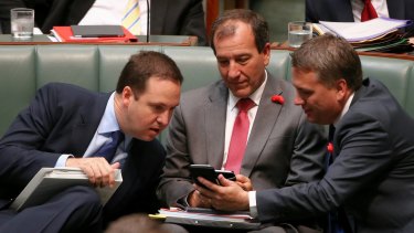 Mal Brough, with fellow ministers Steven Ciobo and Jamie Briggs during question time last week.