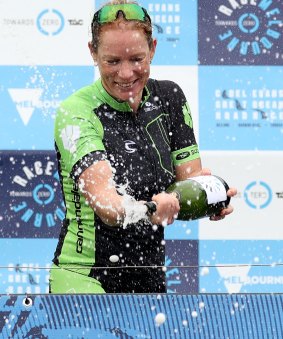 Kirsten Wild of the Netherlands celebrates after winning the Women's Towards Zero Race Melbourne on Thursday.