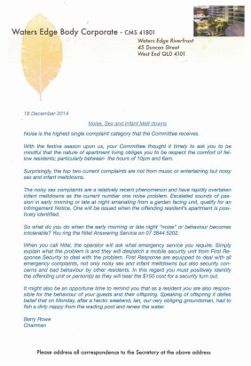The Waters Edge Body Corporate letter to residents.