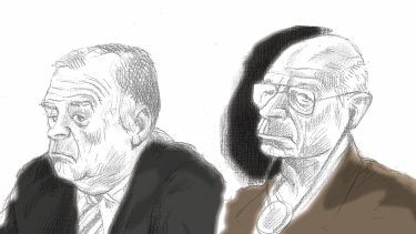 Court sketches of Glen McNamara (right) and Roger Rogerson.