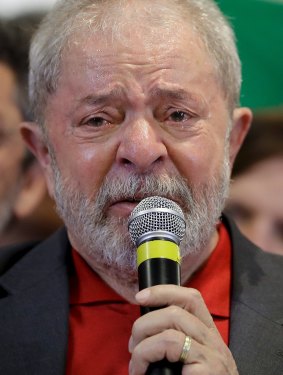 Former Brazilian president Luiz Inacio Lula da Silva weeps during an hour-long news conference on the money laundering and corruption charges in September.
