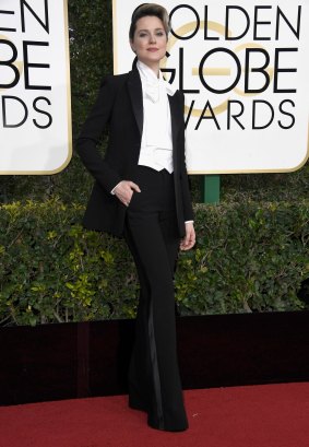 Evan Rachel Wood was enthusiastic about discussing her custom tuxedo.