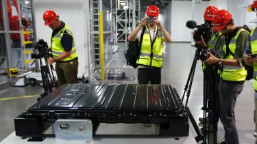 A Tesla lithium-ion battery pack at Tesla's Gigafactory in Sparks, Nevada.