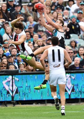 No contest: Port Adelaide's Jay Schulzs marks.