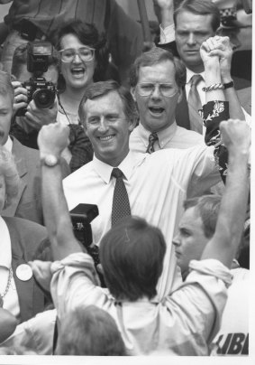 John Hewson addresses a rally on the steps of Parliament House, Adelaide, in 1993.