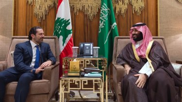 Saudi Crown Prince Mohammed bin Salman, right, meets with Lebanese Prime Minister Saad Hariri in Riyadh, Saudi Arabia. 
