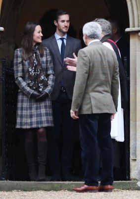 Pippa Middleton, James Matthews, second left, and Michael Middleton leave following the morning Christmas Day service at St Mark's Church in Englefield last year.