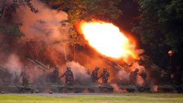 Army troops fire Howitzer to welcome President Rodrigo Duterte at a ceremony in Fort Bonifacio in suburban Taguig city east of Manila, Philippines earlier this month. 