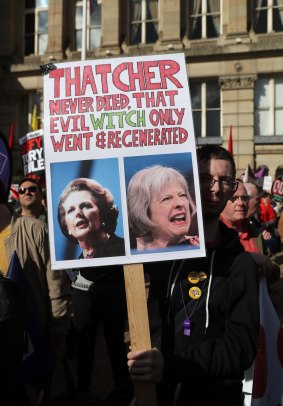 Union protesters outside the Conservative Party Conference in Birmingham compared Prime Minister Theresa May to Margaret Thatcher.