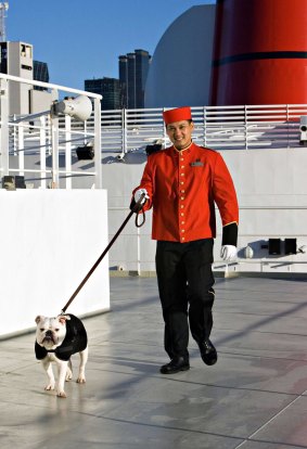 A steward walks a dog on board the Queen Mary 2.