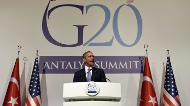 Upset at Republicans on refugees: President Barack Obama speaks during a news conference following the G-20 Summit in Antalya, Turkey.