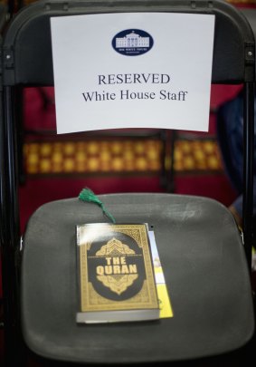 A copy of the Koran sits on a seat for a member of the White House staff before President Barack Obama's speech to the Muslim-American community.