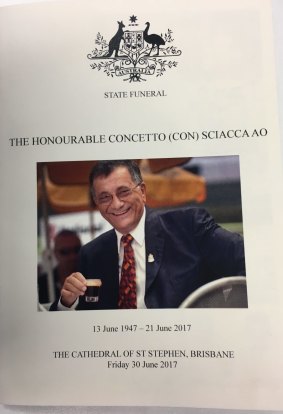 The service book for the state funeral for former federal MP Con Sciacca.