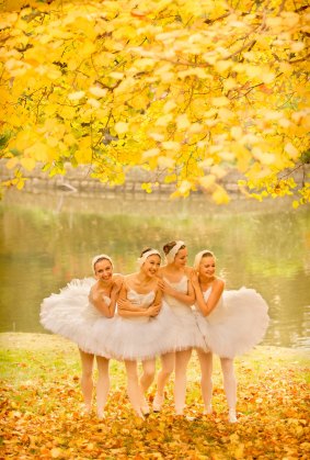 Swanning around: St Petersburg Ballet Theatre dancers Maria Kobzeva, Arisa Hashimoto, Larisa Fabrichnova and Valeria Andropova during their visit to Melbourne.