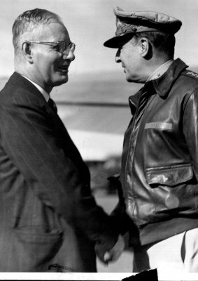 Prime Minister of Australia at war in the Pacific, Mr. John Curtin meets General MacArthur, American Commander-in-chief the South-west Pacific Area. May 31, 1974.
