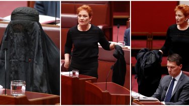 Senator Pauline Hanson wears a burqa to question time in the Senate at Parliament House on Thursday.